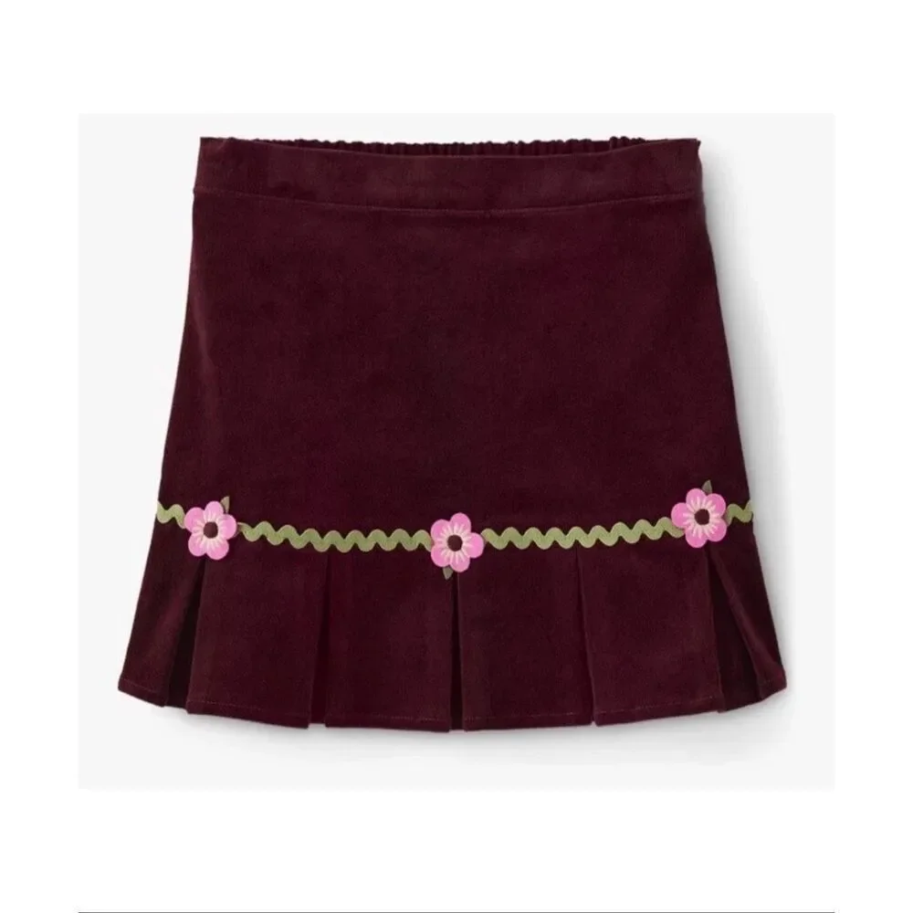 Gymboree Burgundy Corduroy Girls Skirt 12 Pink Flowers Green Rick Rack Adjustabl